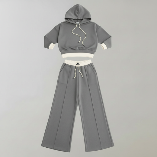 Cropped Hoodie Womens Tracksuit Set | Ladies Wide-Leg Trousers