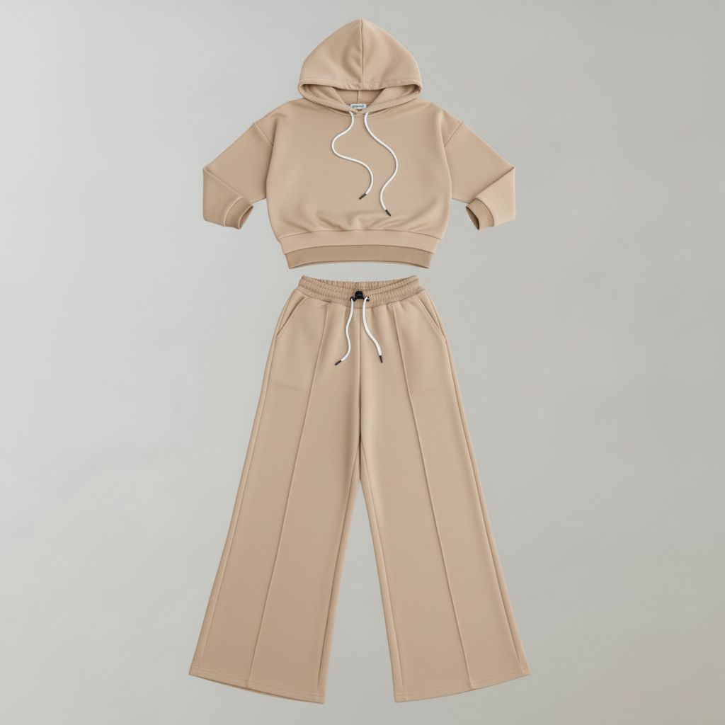 Cropped Hoodie Womens Tracksuit Set | Ladies Wide-Leg Trousers