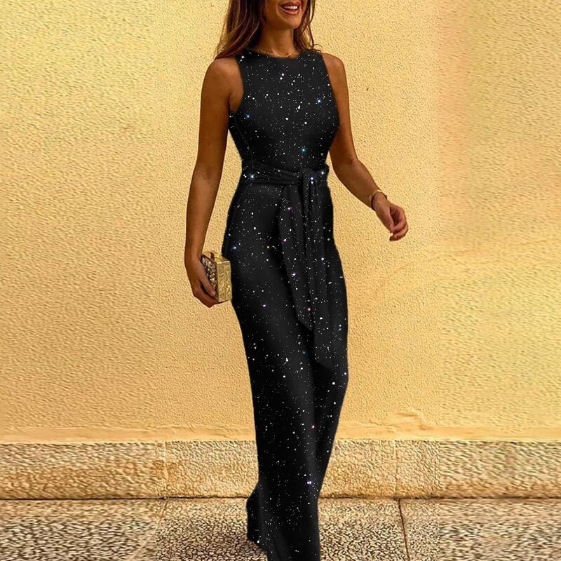 Monica | Women’s Gold Sequin Wide Leg Jumpsuit