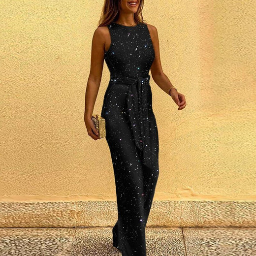 Monica | Women’s Gold Sequin Wide Leg Jumpsuit