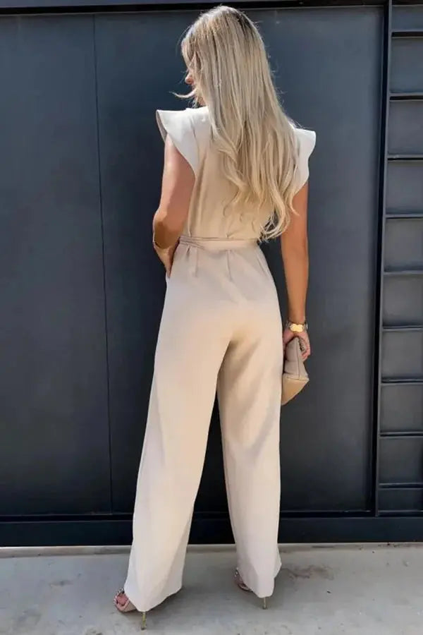 Raizel | Women’s Ruffle Sleeve Belted Wide Leg Jumpsuit