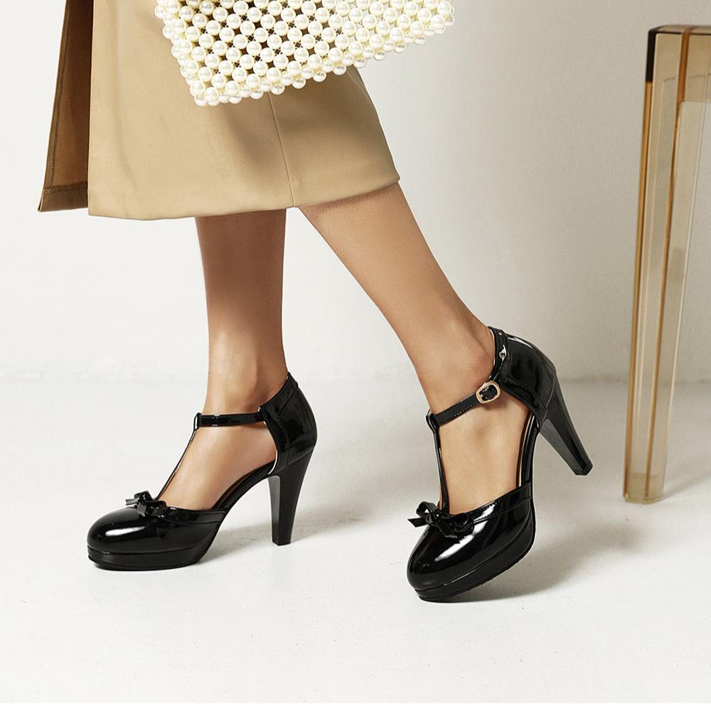 Jeina | Women’s T-Strap Bow Block Heel Pumps