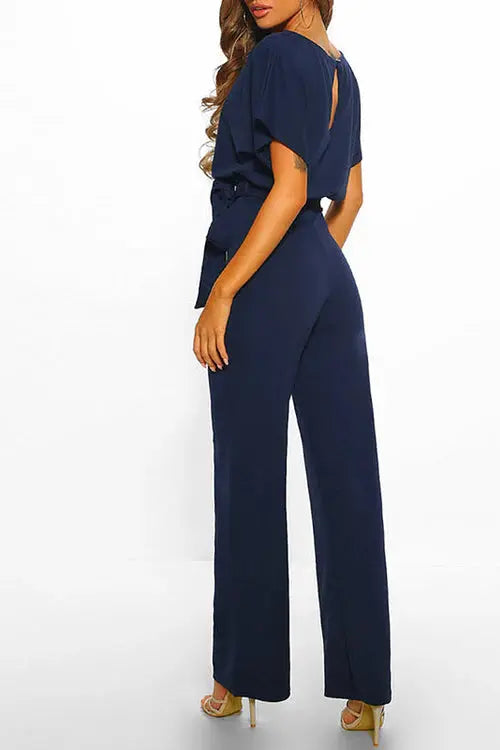 Rhonda | Women’s Wide Leg Belted Short Sleeve Jumpsuit