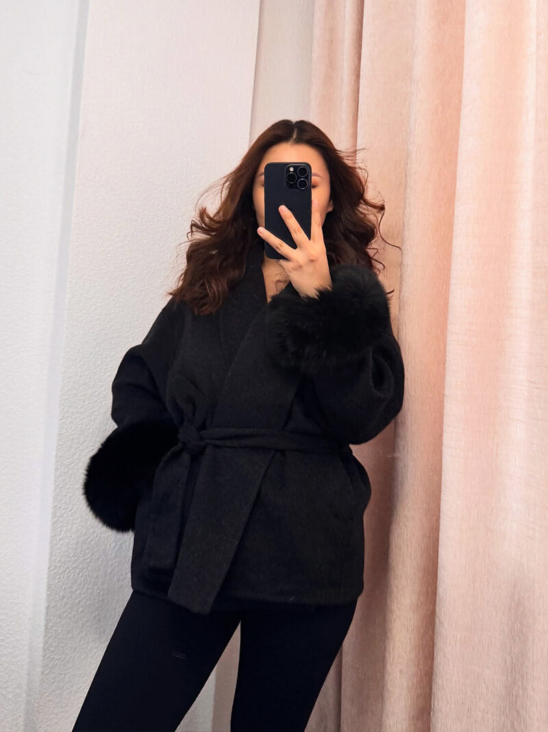Leana | Women’s Wool Blend Wrap Coat with Faux Fur Cuffs