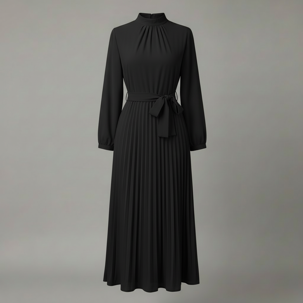 Chic Pleated Black Midi Dress | Women's Formal Dress