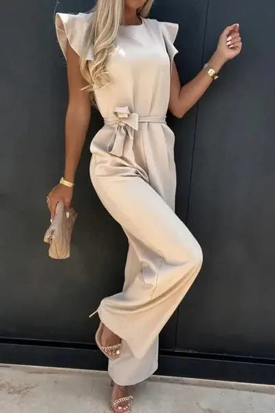 Raizel | Women’s Ruffle Sleeve Belted Wide Leg Jumpsuit