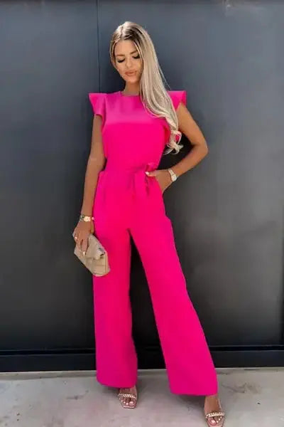 Raizel | Women’s Ruffle Sleeve Belted Wide Leg Jumpsuit