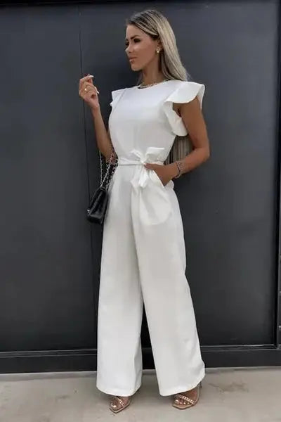 Raizel | Women’s Ruffle Sleeve Belted Wide Leg Jumpsuit