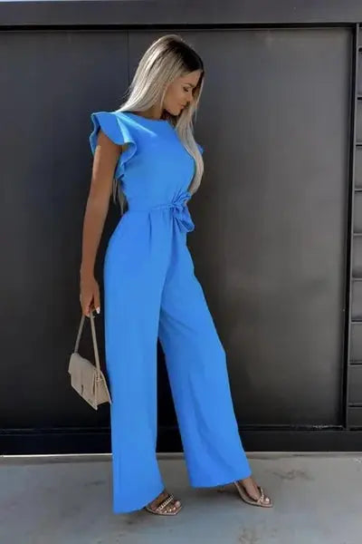 Raizel | Women’s Ruffle Sleeve Belted Wide Leg Jumpsuit