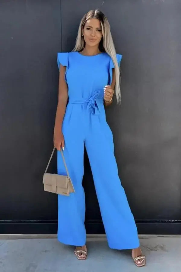Raizel | Women’s Ruffle Sleeve Belted Wide Leg Jumpsuit