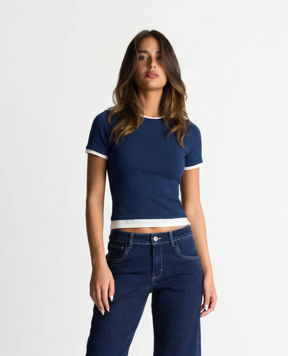 Cai | Women’s Fitted Crew Neck Contrast Trim T-Shirt