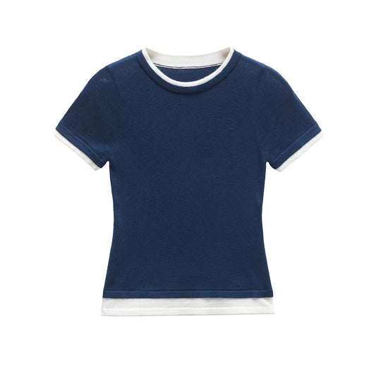 Cai | Women’s Fitted Crew Neck Contrast Trim T-Shirt