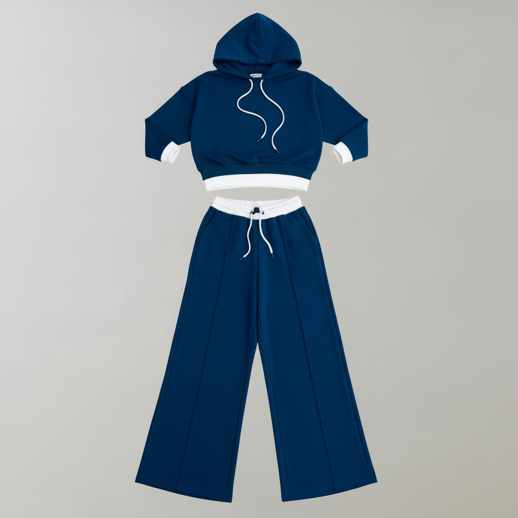 Cropped Hoodie Womens Tracksuit Set | Ladies Wide-Leg Trousers