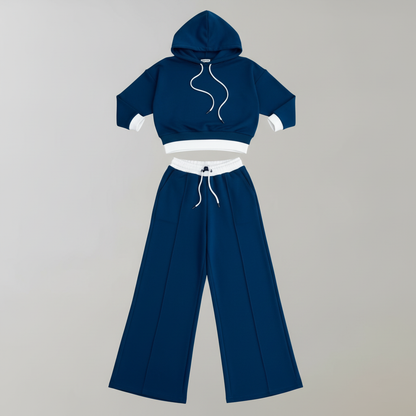 Cropped Hoodie Womens Tracksuit Set | Ladies Wide-Leg Trousers