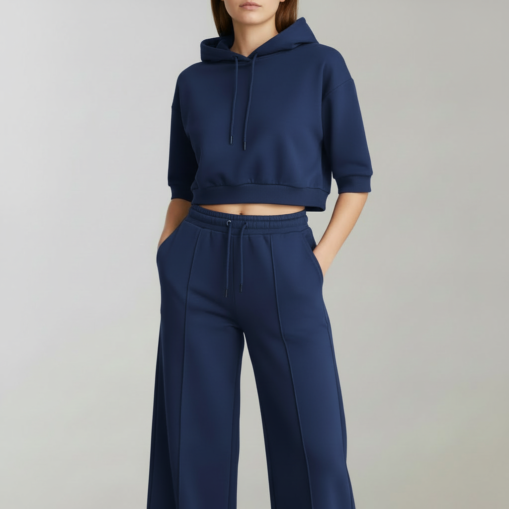 Cropped Hoodie Womens Tracksuit Set | Ladies Wide-Leg Trousers