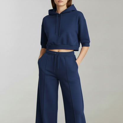 Cropped Hoodie Womens Tracksuit Set | Ladies Wide-Leg Trousers