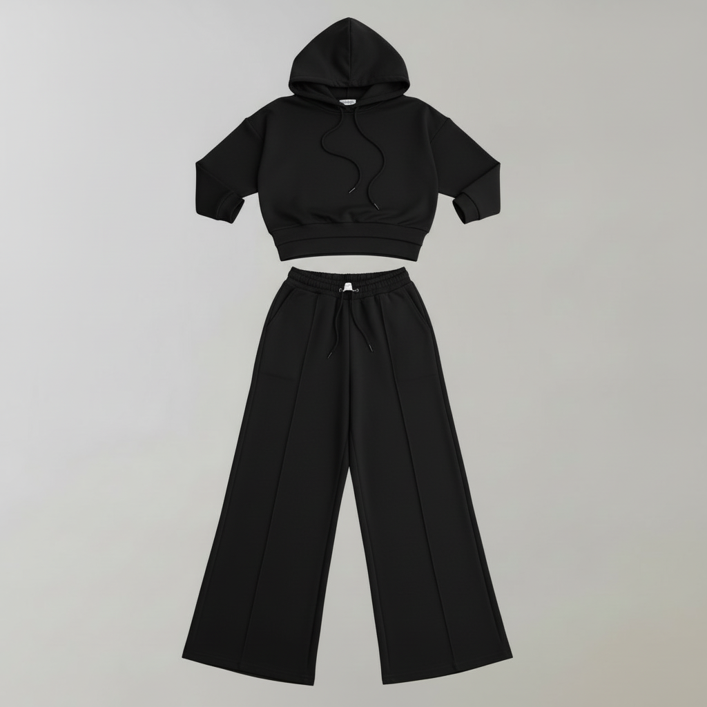 Cropped Hoodie Womens Tracksuit Set | Ladies Wide-Leg Trousers
