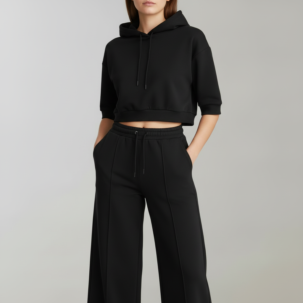 Cropped Hoodie Womens Tracksuit Set | Ladies Wide-Leg Trousers