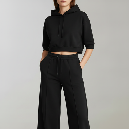 Cropped Hoodie Womens Tracksuit Set | Ladies Wide-Leg Trousers
