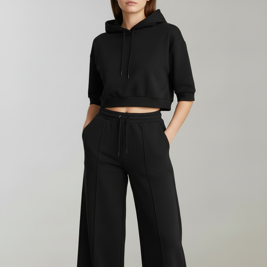 Cropped Hoodie Womens Tracksuit Set | Ladies Wide-Leg Trousers