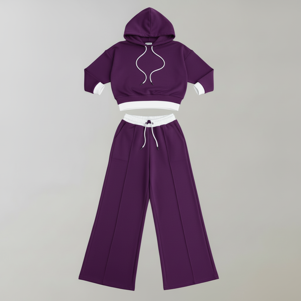 Cropped Hoodie Womens Tracksuit Set | Ladies Wide-Leg Trousers