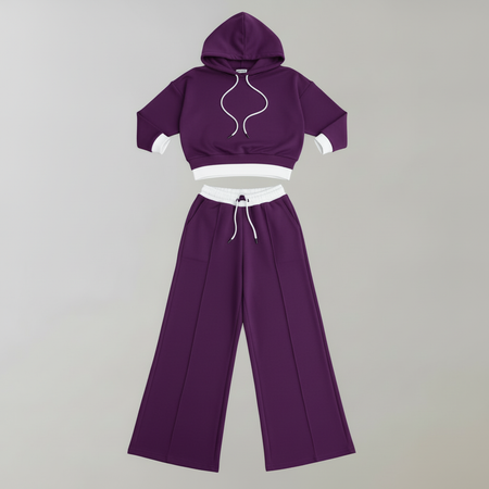 Cropped Hoodie Womens Tracksuit Set | Ladies Wide-Leg Trousers