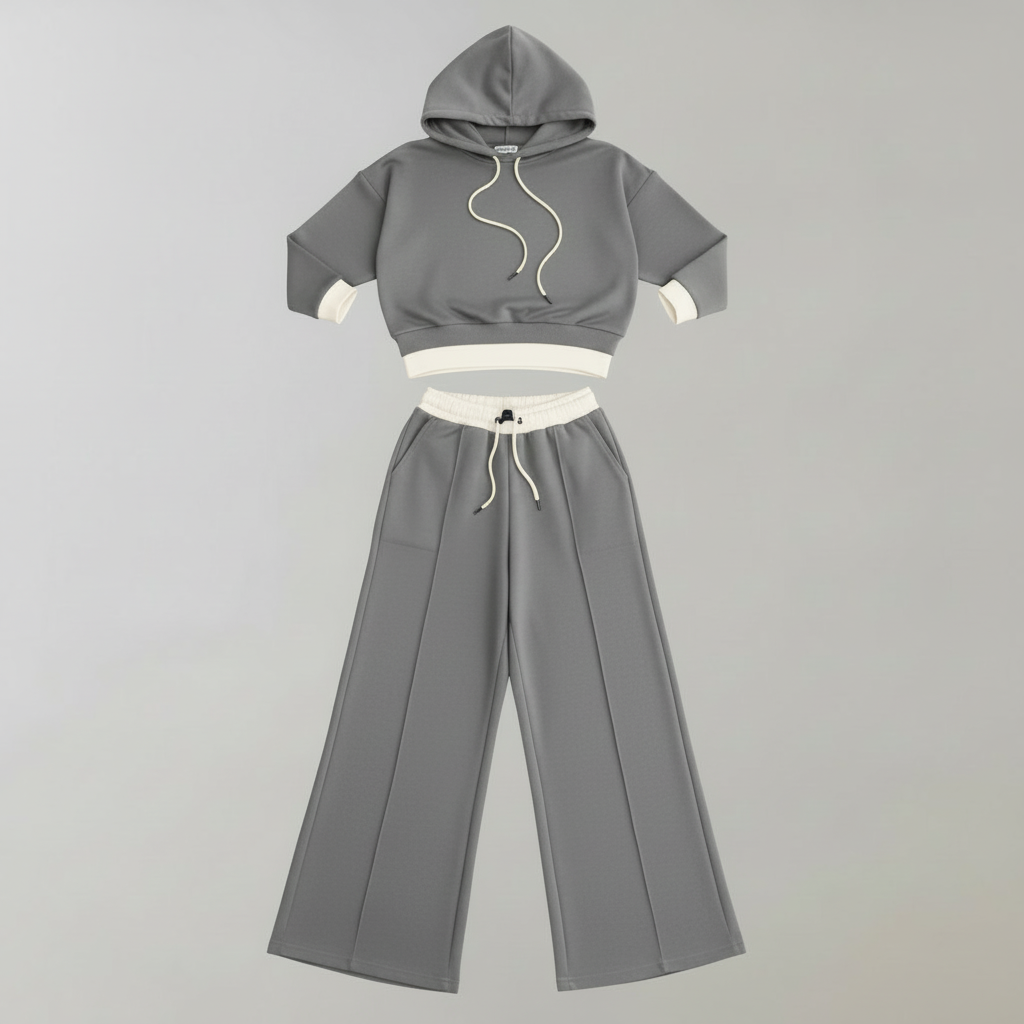 Cropped Hoodie Womens Tracksuit Set | Ladies Wide-Leg Trousers
