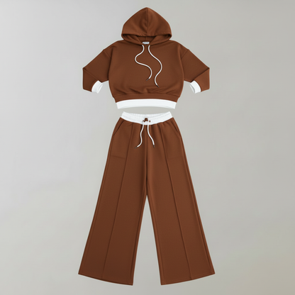 Cropped Hoodie Womens Tracksuit Set | Ladies Wide-Leg Trousers