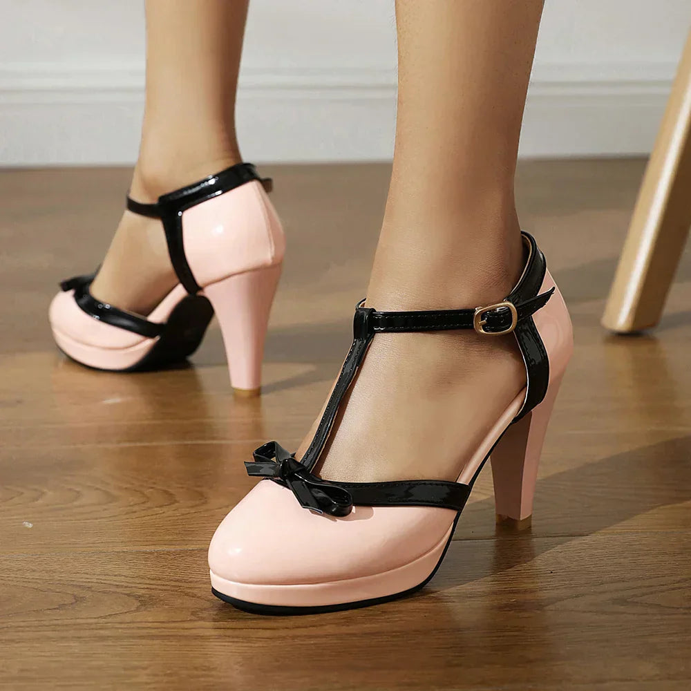 Jeina | Women’s T-Strap Bow Block Heel Pumps