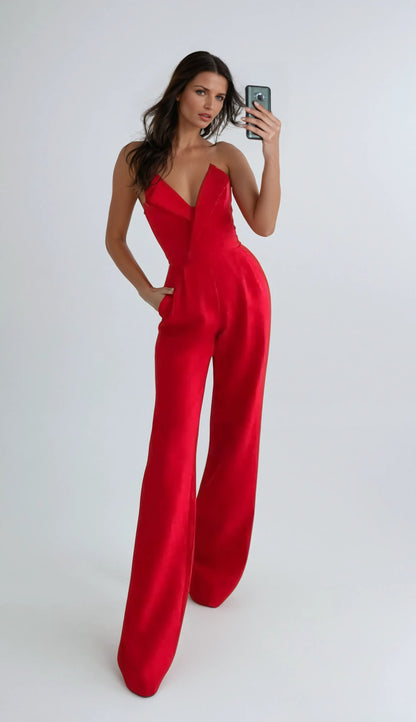 Jeramie | Women’s Strapless Pleated Wide Leg Jumpsuit