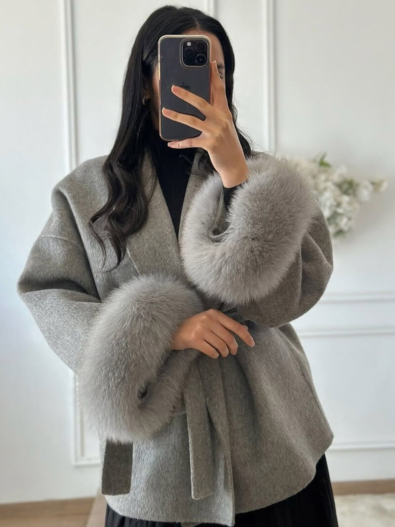 Leana | Women’s Wool Blend Wrap Coat with Faux Fur Cuffs