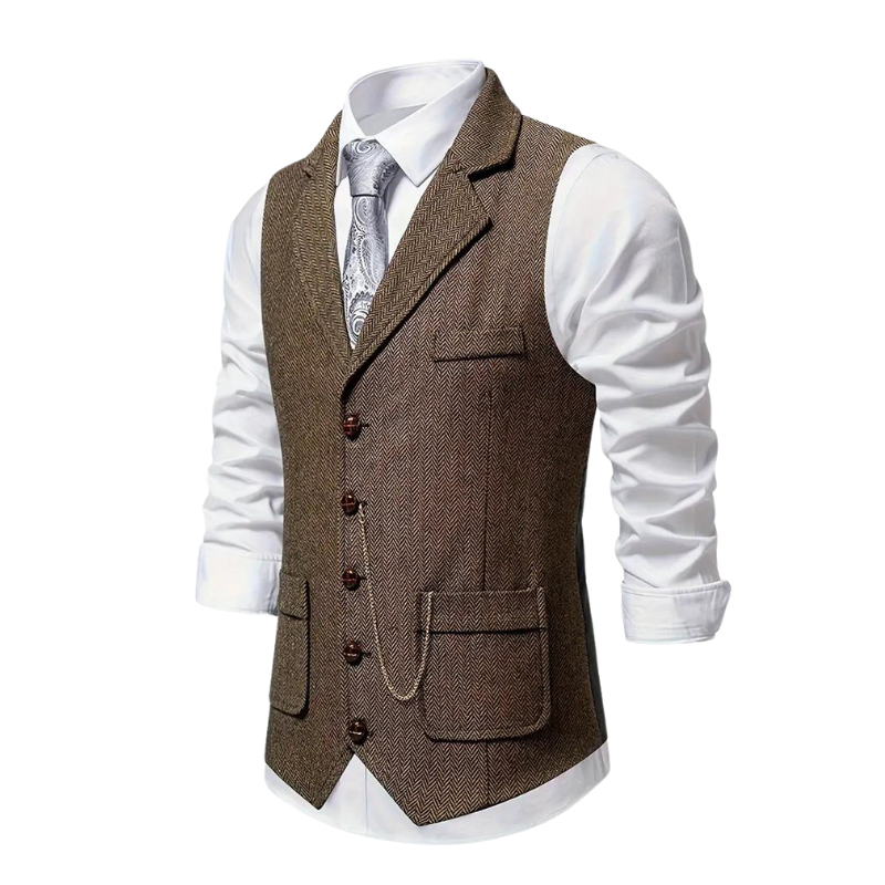 Morie | Men’s Herringbone Waistcoat with Lapel and Chain Detail