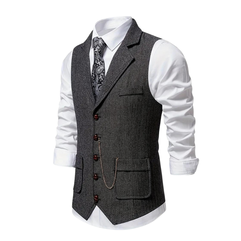 Morie | Men’s Herringbone Waistcoat with Lapel and Chain Detail