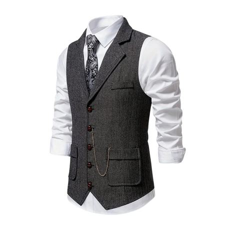 Morie | Men’s Herringbone Waistcoat with Lapel and Chain Detail