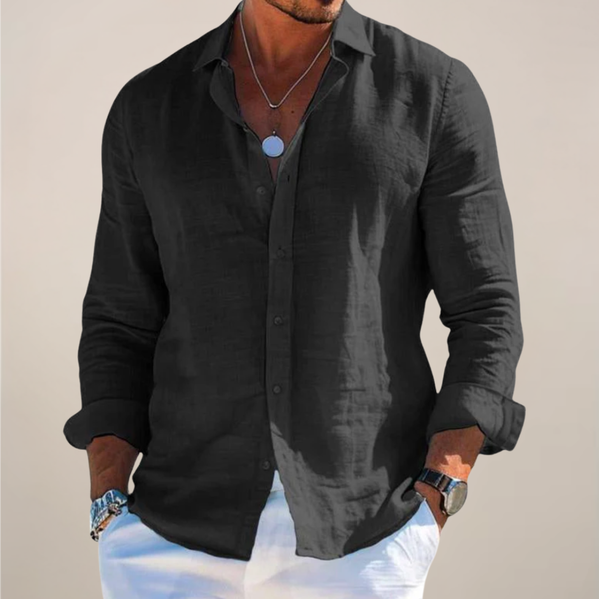Linvaro | Men’s Linen Blend Casual Long Sleeve Shirt