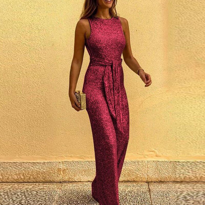 Monica | Women’s Gold Sequin Wide Leg Jumpsuit