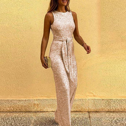 Monica | Women’s Gold Sequin Wide Leg Jumpsuit