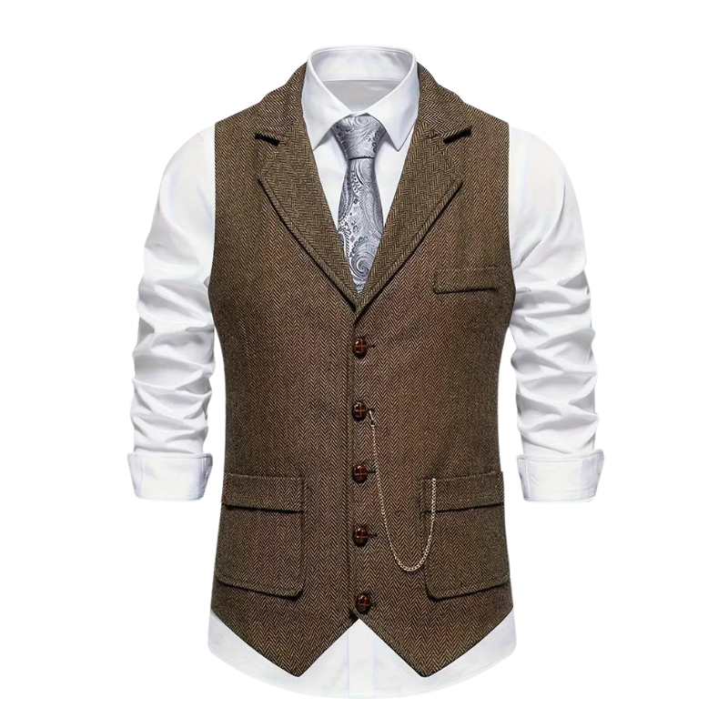 Morie | Men’s Herringbone Waistcoat with Lapel and Chain Detail