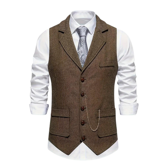 Morie | Men’s Herringbone Waistcoat with Lapel and Chain Detail