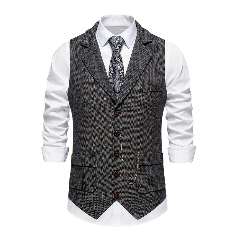 Morie | Men’s Herringbone Waistcoat with Lapel and Chain Detail
