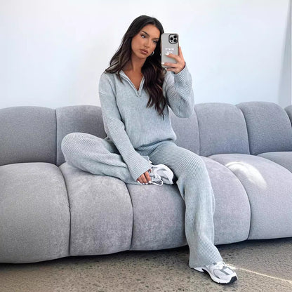 Rondina | Women’s Ribbed Lounge Set with Half-Zip Top & Flared Trousers