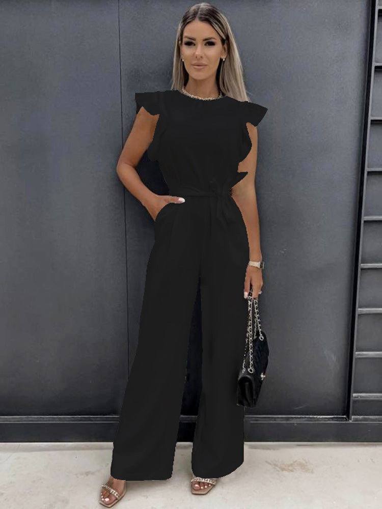 Raizel | Women’s Ruffle Sleeve Belted Wide Leg Jumpsuit