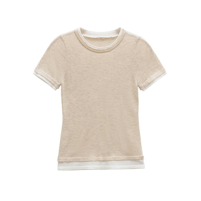 Cai | Women’s Fitted Crew Neck Contrast Trim T-Shirt