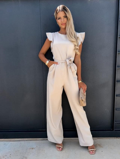 Raizel | Women’s Ruffle Sleeve Belted Wide Leg Jumpsuit