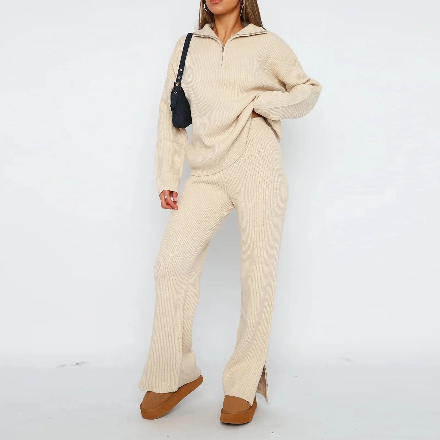Rondina | Women’s Ribbed Lounge Set with Half-Zip Top & Flared Trousers
