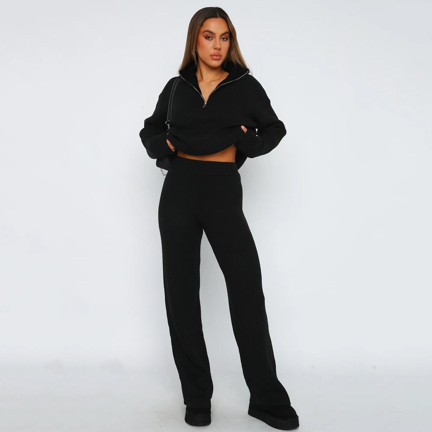 Rondina | Women’s Ribbed Lounge Set with Half-Zip Top & Flared Trousers