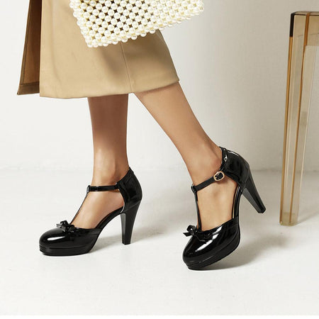 Jeina | Women’s T-Strap Bow Block Heel Pumps
