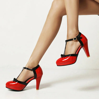 Jeina | Women’s T-Strap Bow Block Heel Pumps