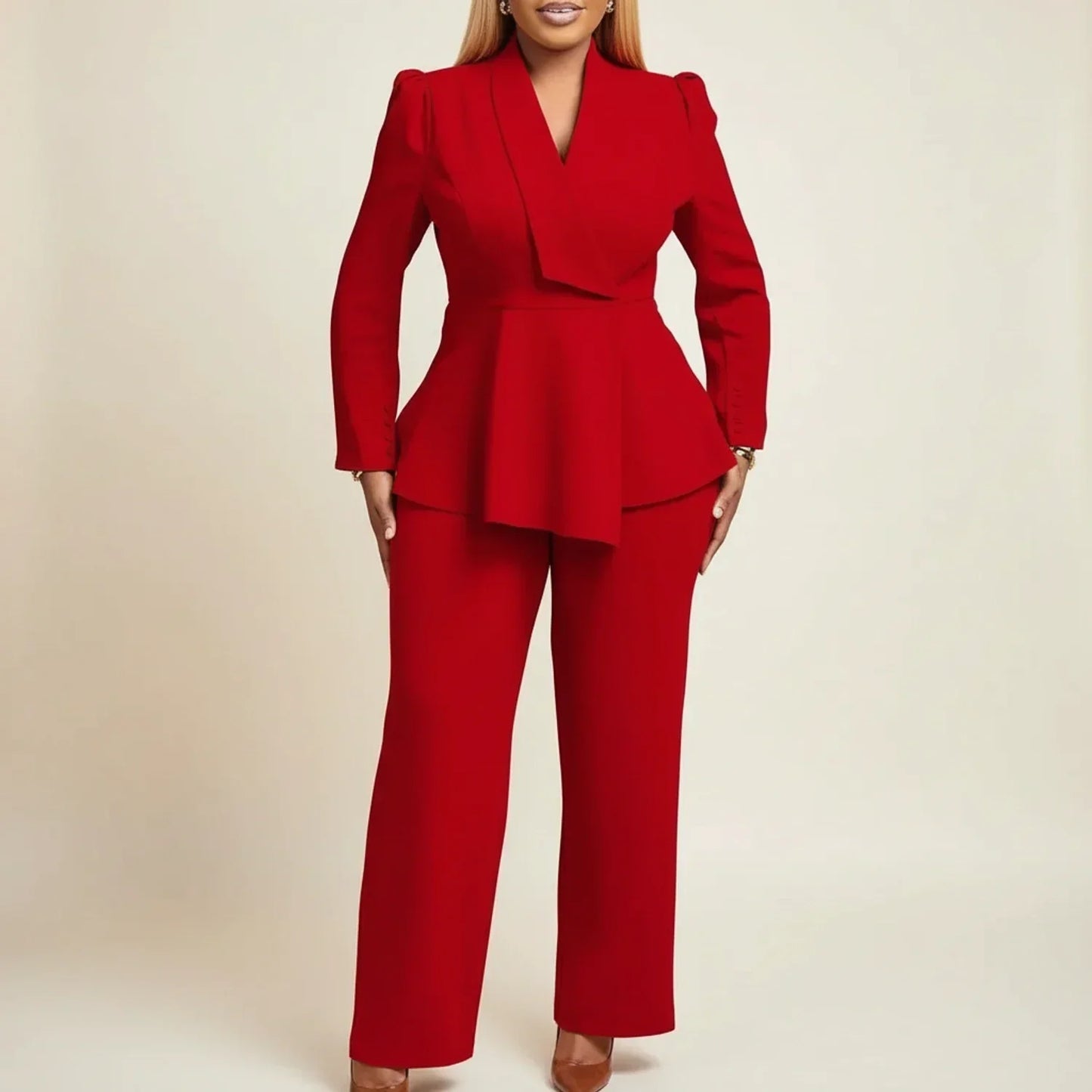 Serrie | Women’s Peplum Blazer Wide-Leg Pant Suit