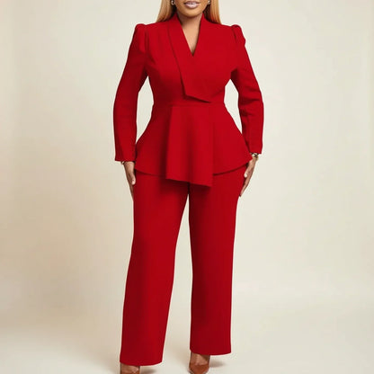 Serrie | Women’s Peplum Blazer Wide-Leg Pant Suit